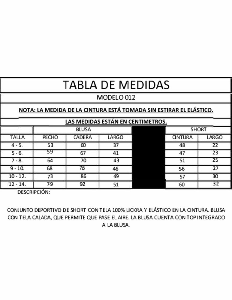 Ropa Deportiva para niña conjunto blusa/short 012