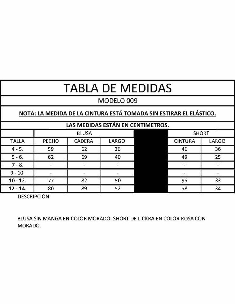 Ropa Deportiva para niña conjunto blusa/short 009