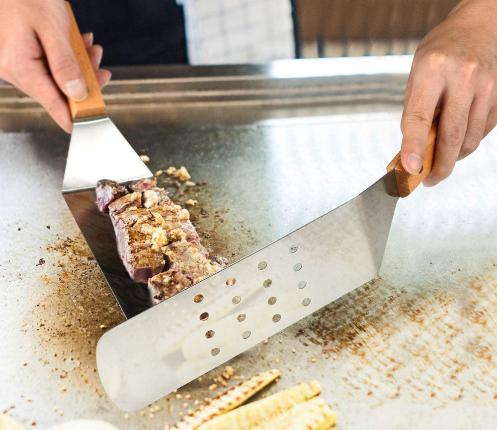 Juego 2 espátulas de acero inoxidable con mango de madera