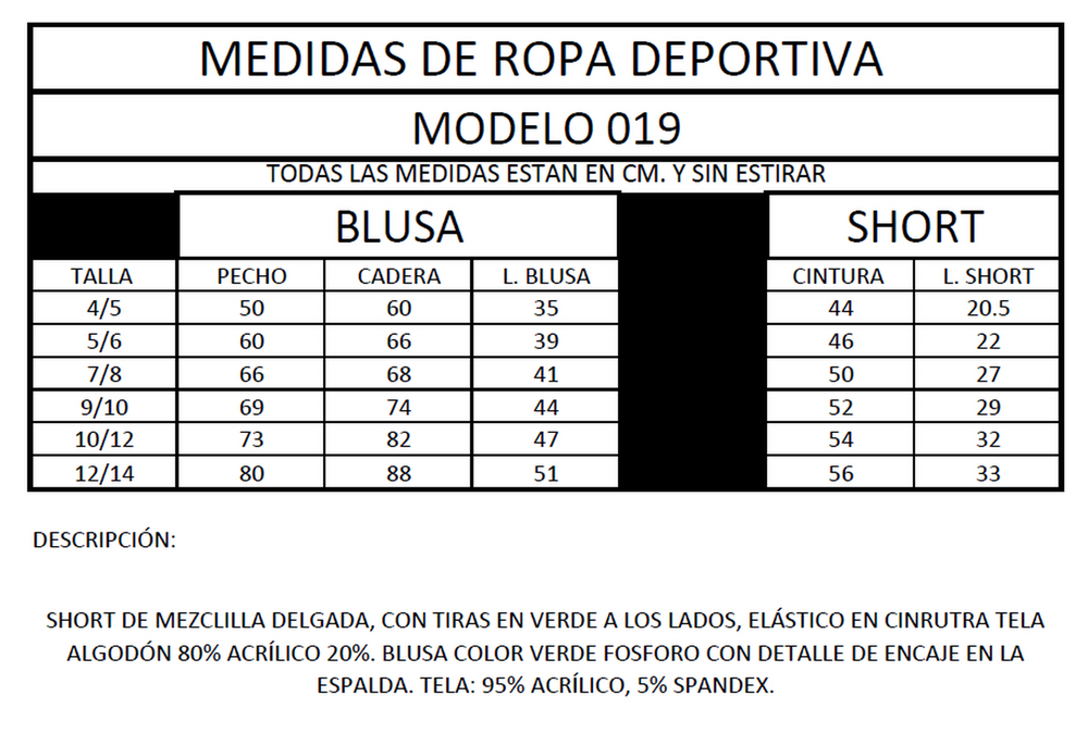 Ropa Deportiva para niña conjunto blusa/short 019