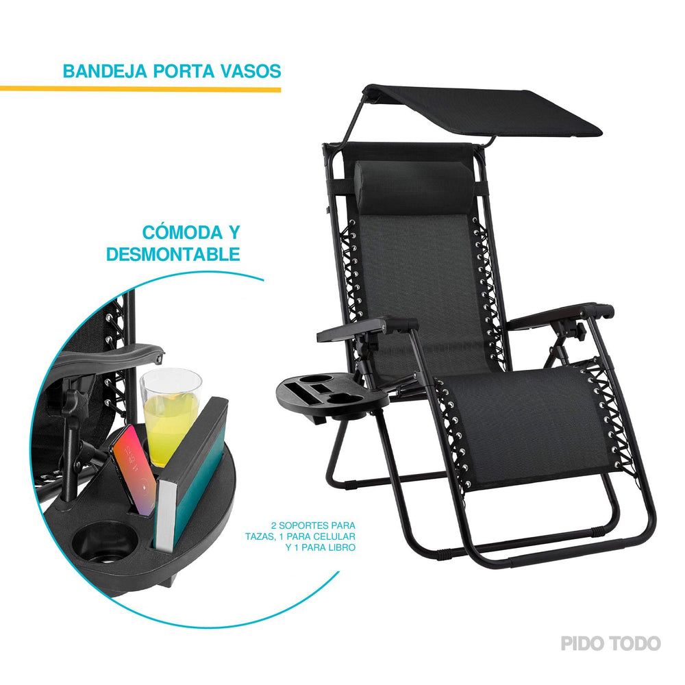 Set De 2 Sillas Camastro Plegable Tecnologia Gravedad Cero Reclinable con sombrilla