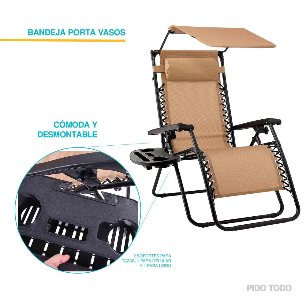 Set De 2 Sillas Camastro Plegable Tecnologia Gravedad Cero Reclinable con sombrilla